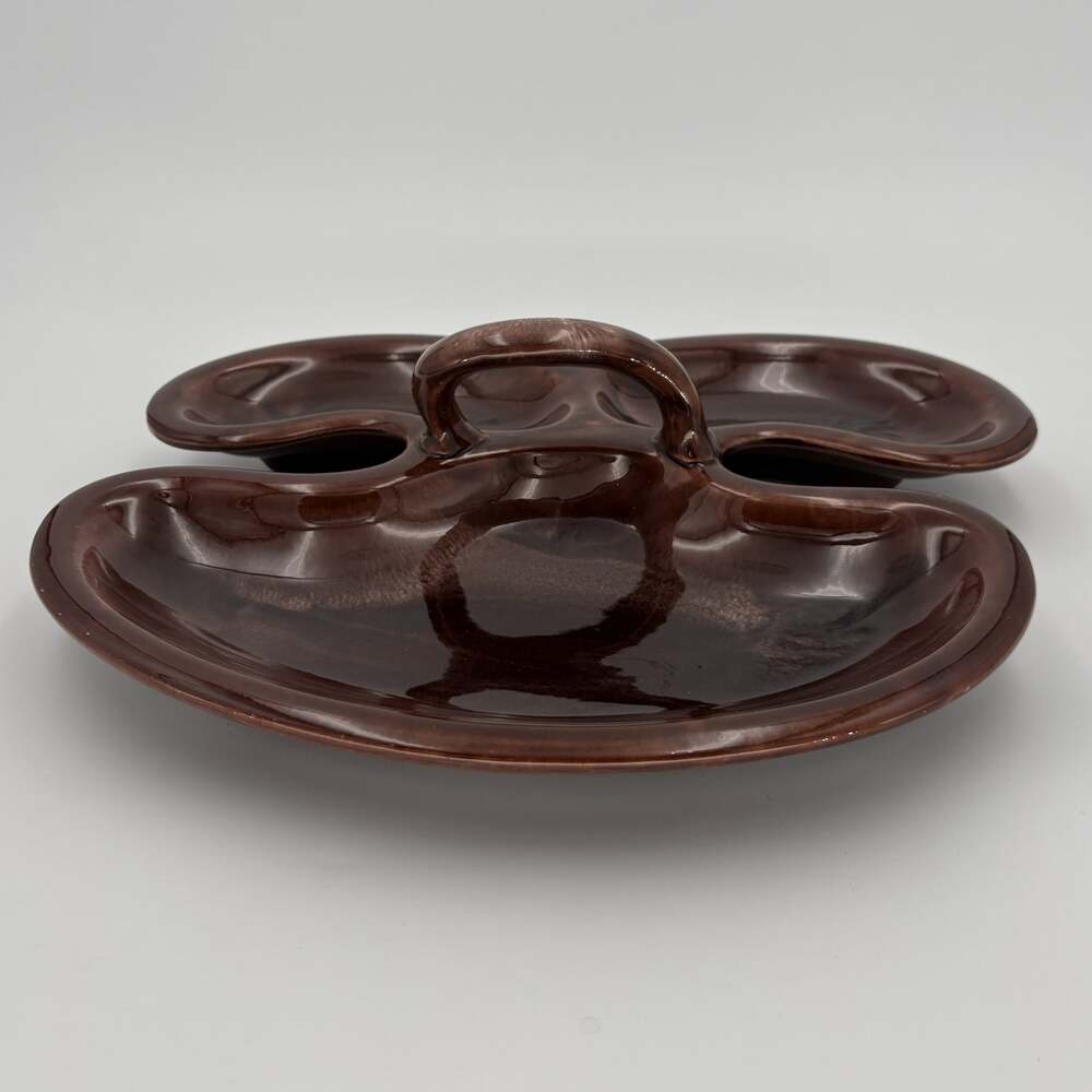 MCM Brown Drip Glaze Relish Platter 3 Bowl Ceramic Serving Tray 1960s - Picture 3 of 9
